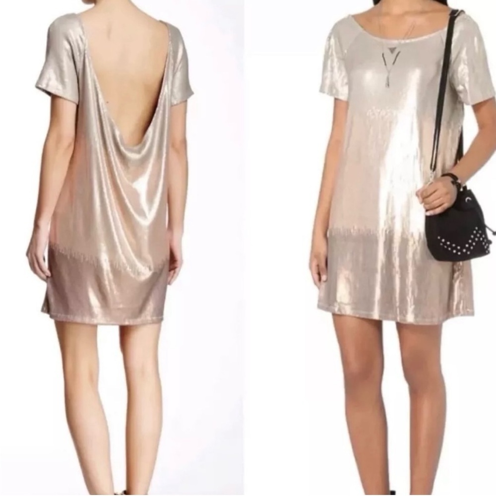 Free People Short Sleeve Drenched In Sequins Mini Dress Ombré Shift Drape Back